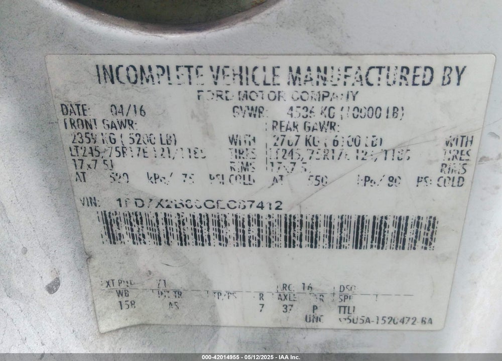 2016 FORD F-250 XL VIN: 1FD7X2B68GEC87412