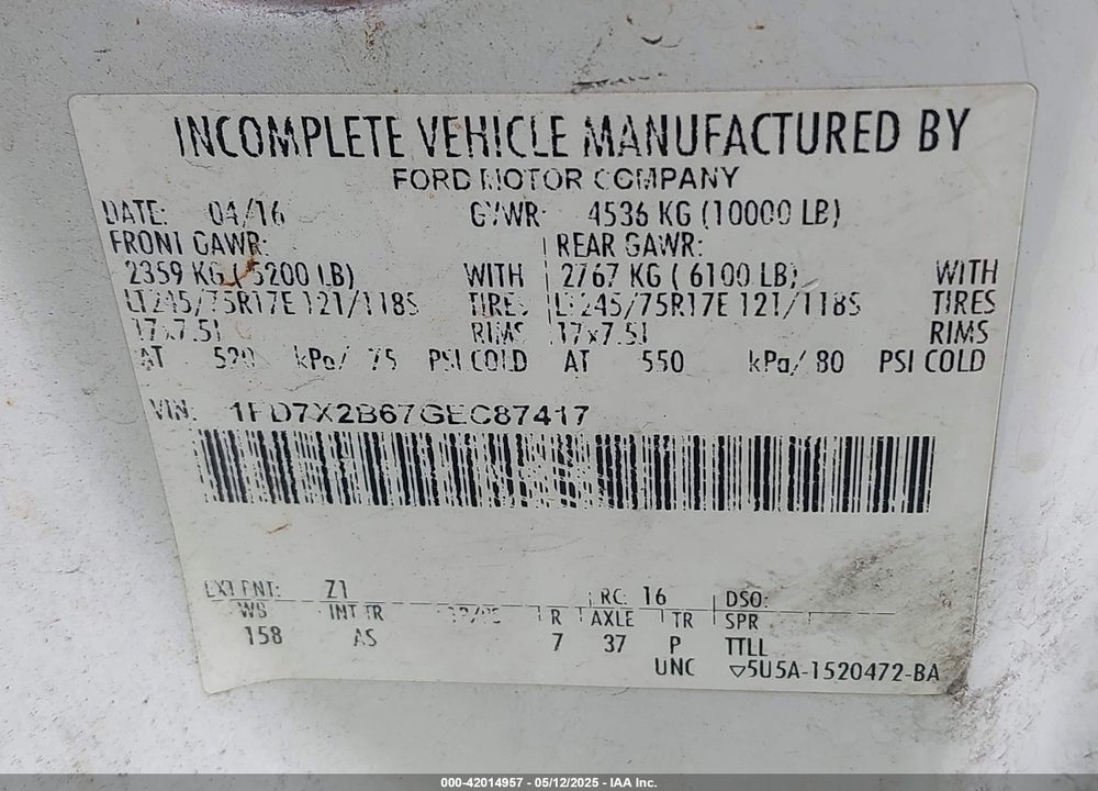 2016 FORD F-250 VIN: 1FD7X2B67GEC87417