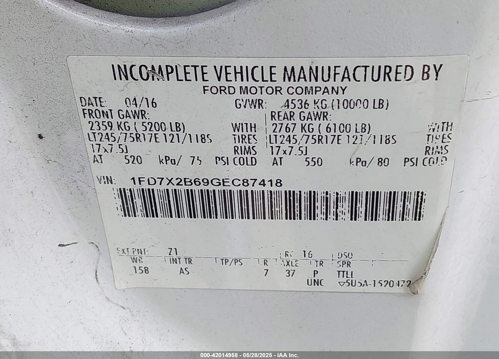 2016 FORD F-250 XL VIN: 1FD7X2B69GEC87418