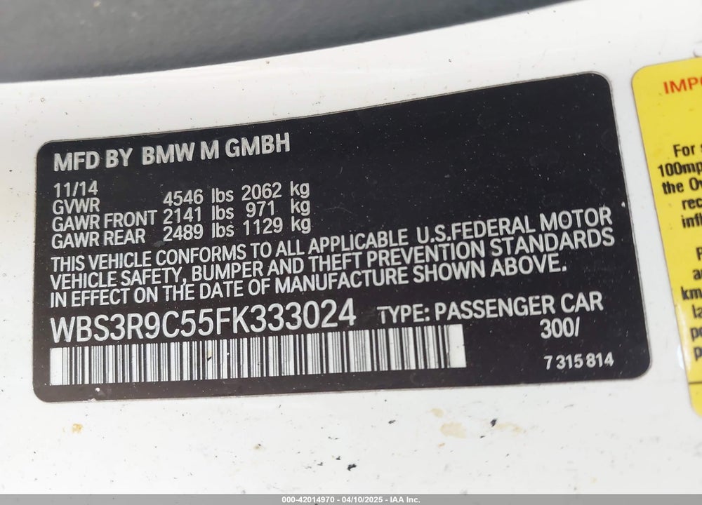 2015 BMW M4 VIN: WBS3R9C55FK333024
