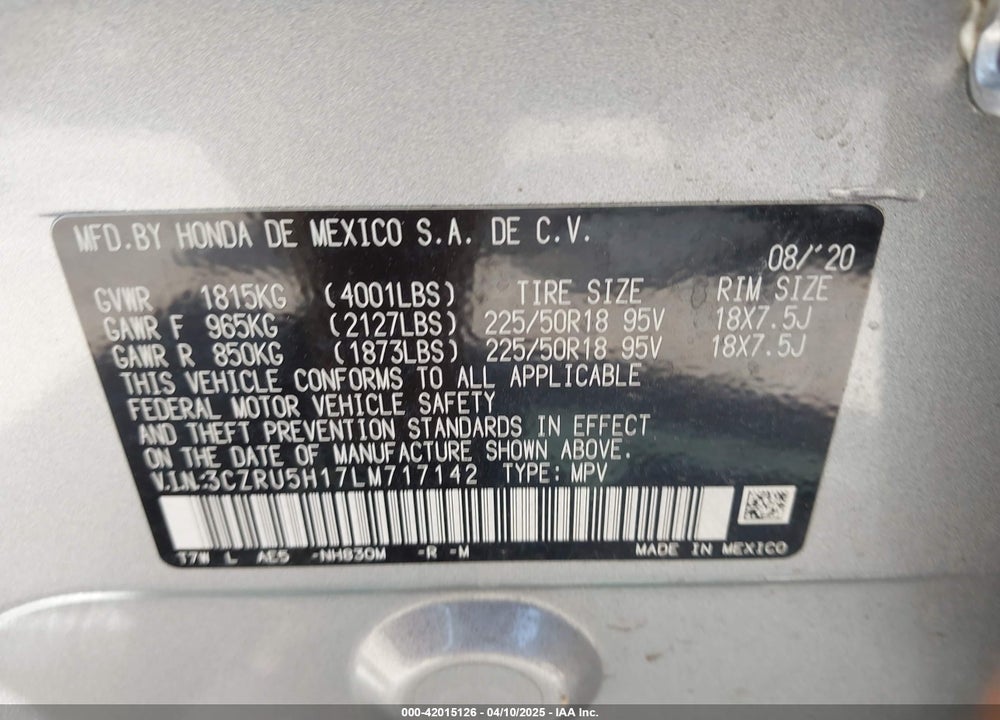 2020 HONDA HR-V 2WD SPORT VIN: 3CZRU5H17LM717142
