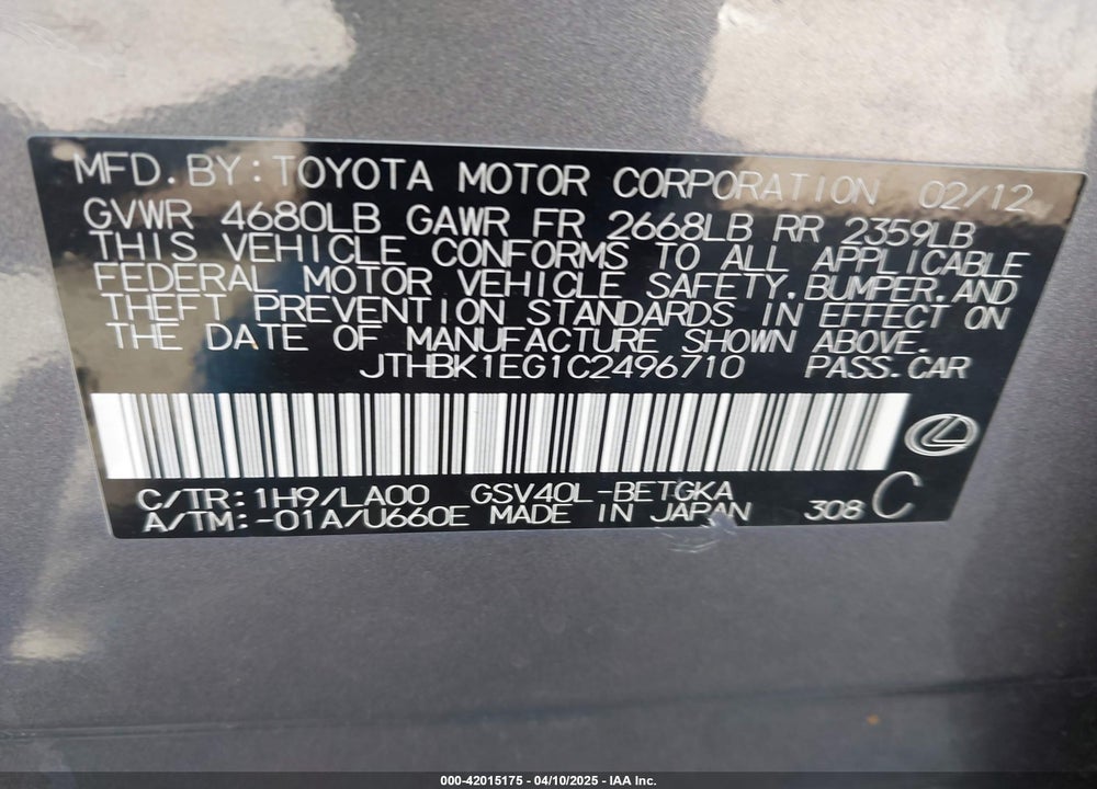 2012 LEXUS ES 350 VIN: JTHBK1EG1C2496710