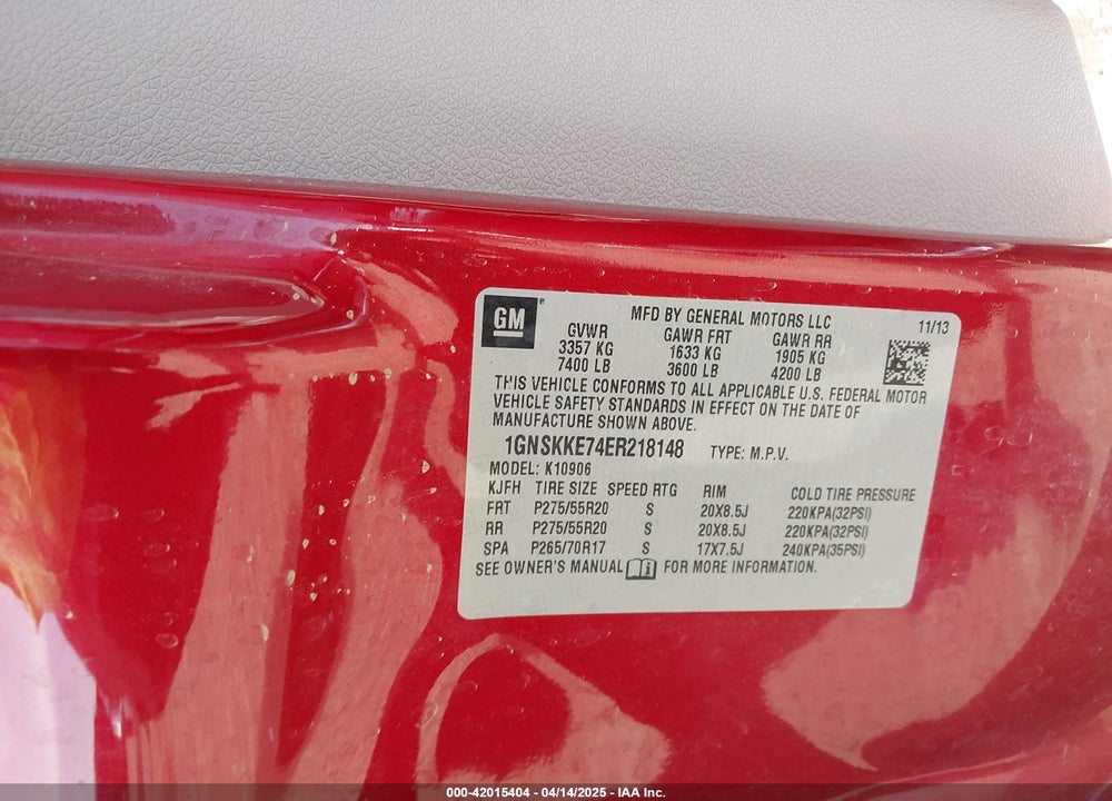 2014 CHEVROLET SUBURBAN 1500 VIN: 1GNSKKE74ER218148