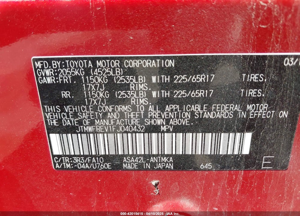 2015 TOYOTA RAV4 XLE VIN: JTMWFREV1FJ040432