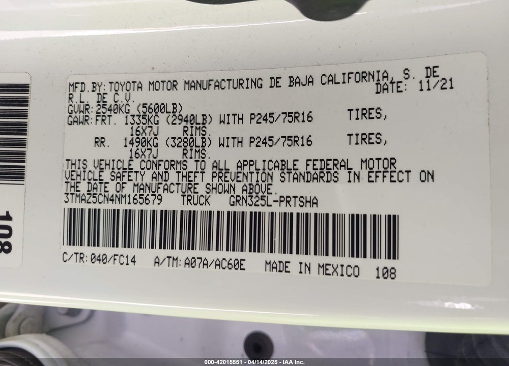 2022 TOYOTA TACOMA VIN: 3TMAZ5CN4NM165679