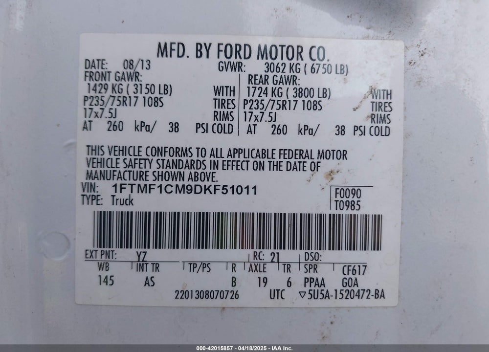 2013 FORD F-150 XL VIN: 1FTMF1CM9DKF51011