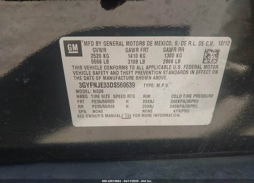 2013 CADILLAC SRX VIN: 3GYFNJE33DS560639