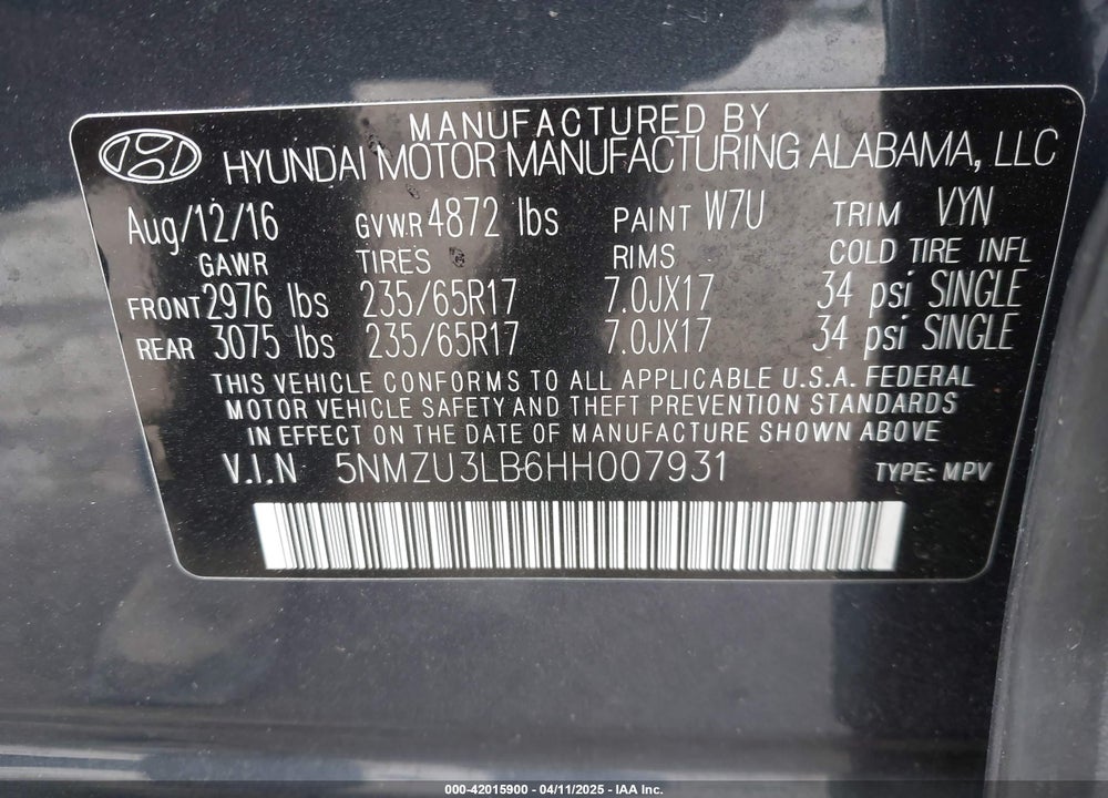 2017 HYUNDAI SANTA FE SPORT 2.4L VIN: 5NMZU3LB6HH007931