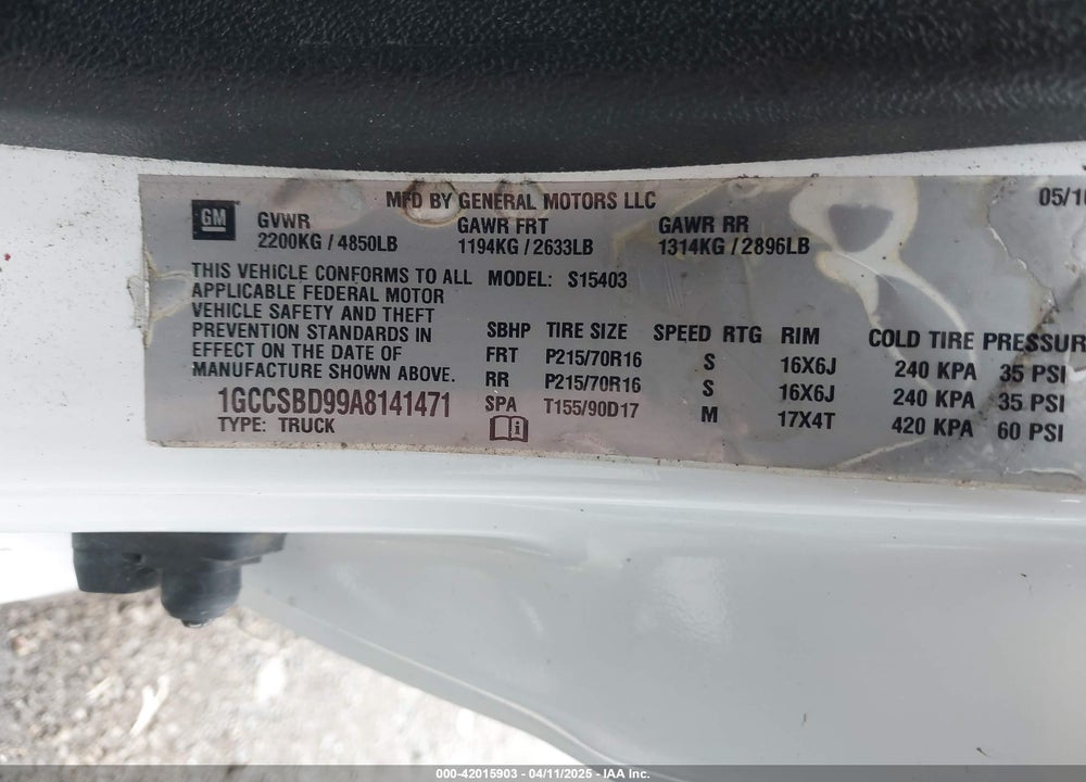 2010 CHEVROLET COLORADO VIN: 1GCCSBD99A8141471