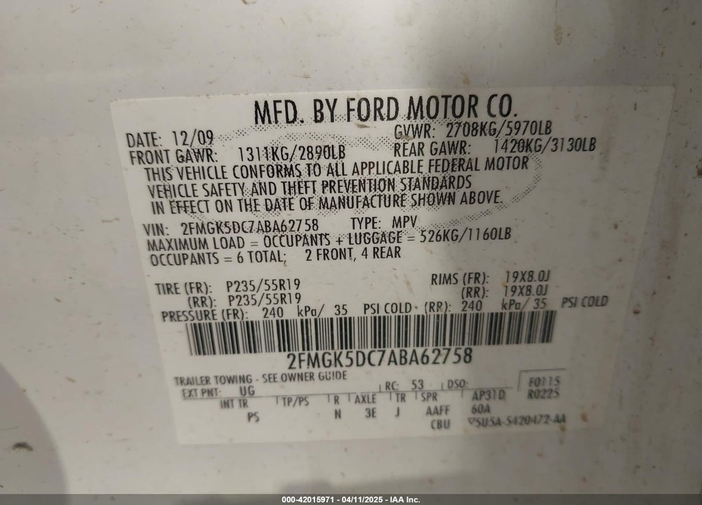 2010 FORD FLEX VIN: 2FMGK5DC7ABA62758