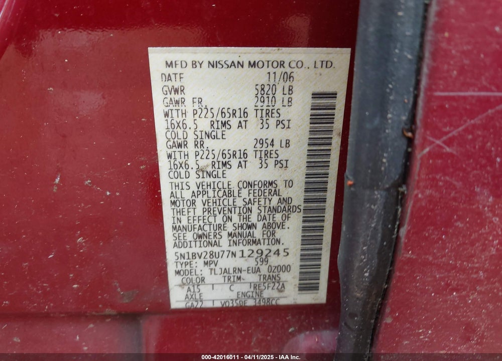 2007 NISSAN QUEST VIN: 5N1BV28U77N129245