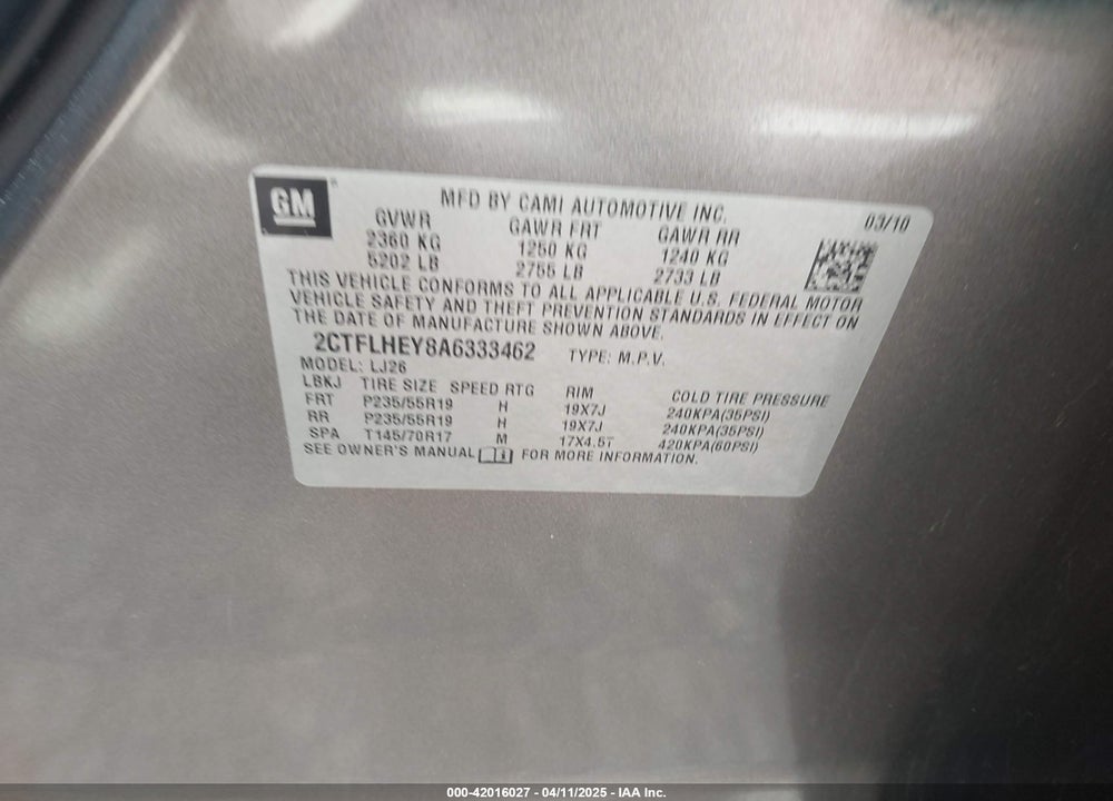 2010 GMC TERRAIN VIN: 2CTFLHEY8A6333462
