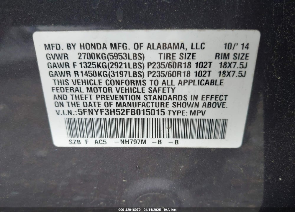 2015 HONDA PILOT EX-L VIN: 5FNYF3H52FB015015
