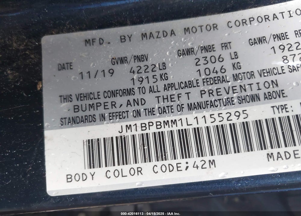 2020 MAZDA MAZDA3 HATCHBACK VIN: JM1BPBMM1L1155295