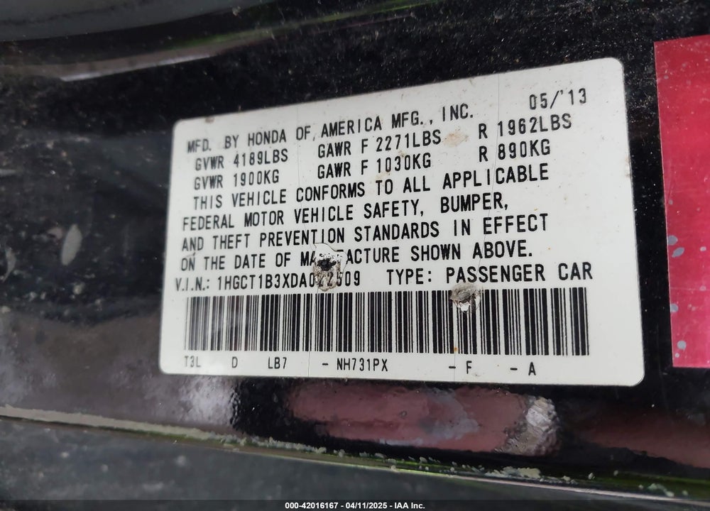 2013 HONDA ACCORD VIN: 1HGCT1B3XDA022509