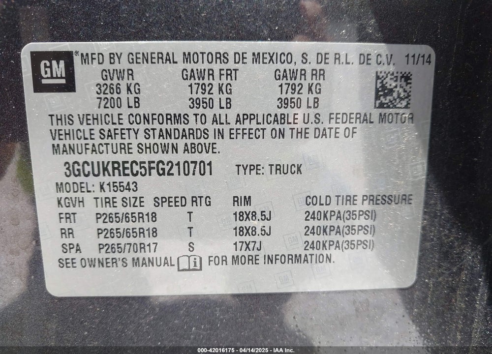 2015 CHEVROLET SILVERADO 1500 1LT VIN: 3GCUKREC5FG210701