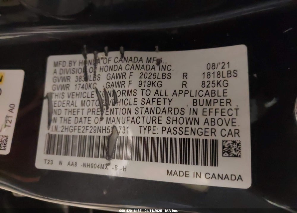 2022 HONDA CIVIC VIN: 2HGFE2F29NH526731