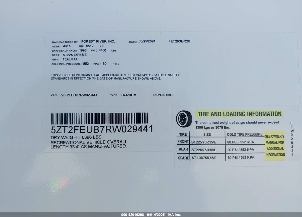 2024 COACHMEN FREEDOM EXPRESS VIN: 5ZT2FEUB7RW029441