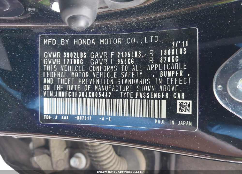 2018 HONDA CIVIC VIN: JHMFC1F30JX005442