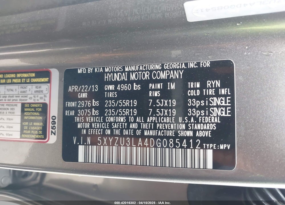 2013 HYUNDAI SANTA FE SPORT 2.0T VIN: 5XYZU3LA4DG085412