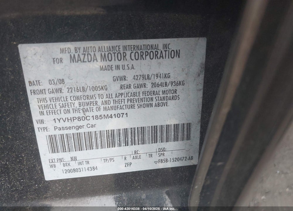 2008 MAZDA MAZDA6 VIN: 1YVHP80C185M41071