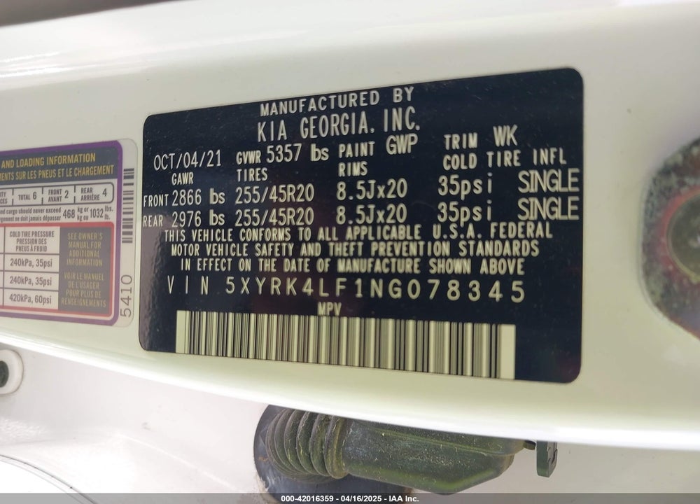2022 KIA SORENTO SX PRESTIGE VIN: 5XYRK4LF1NG078345