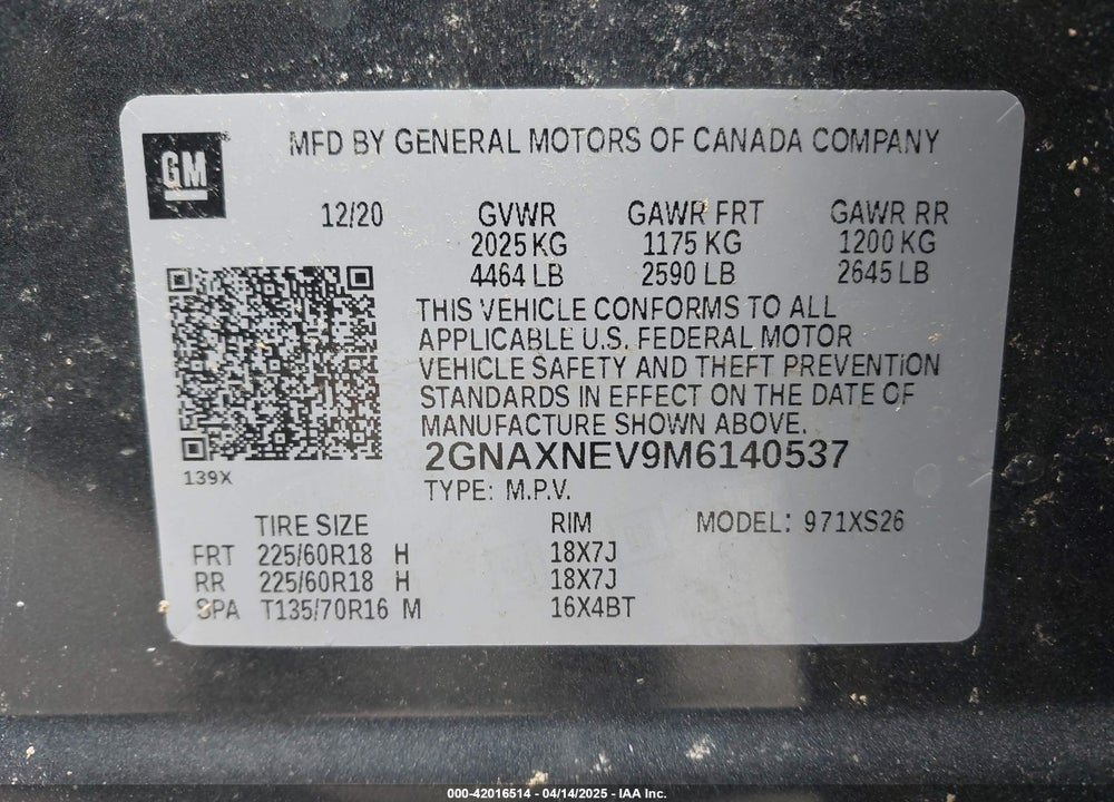 2021 CHEVROLET EQUINOX FWD PREMIER VIN: 2GNAXNEV9M6140537
