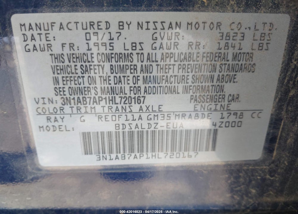 2017 NISSAN SENTRA VIN: 3N1AB7AP1HL720167