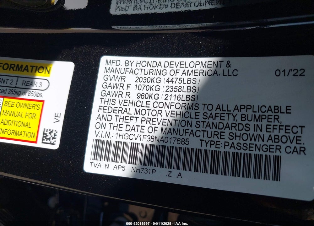 2022 HONDA ACCORD VIN: 1HGCV1F38NA017685