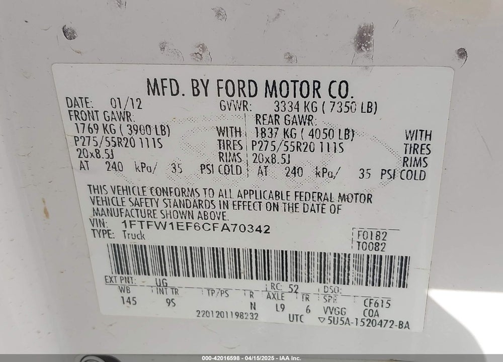 2012 FORD F-150 VIN: 1FTFW1EF6CFA70342