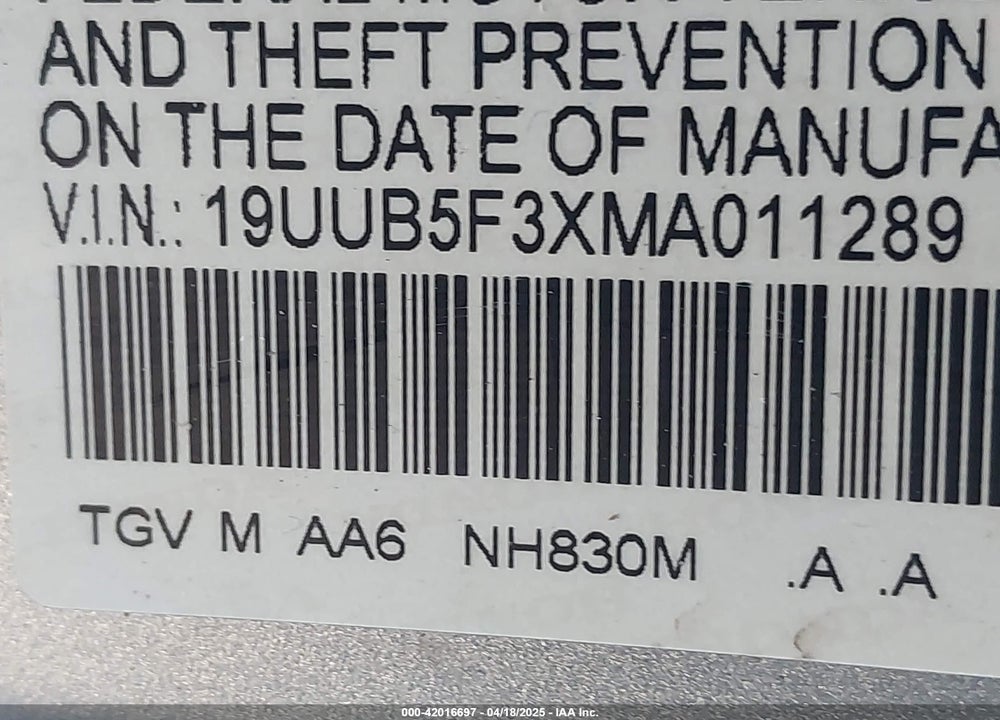 2021 ACURA TLX VIN: 19UUB5F3XMA011289