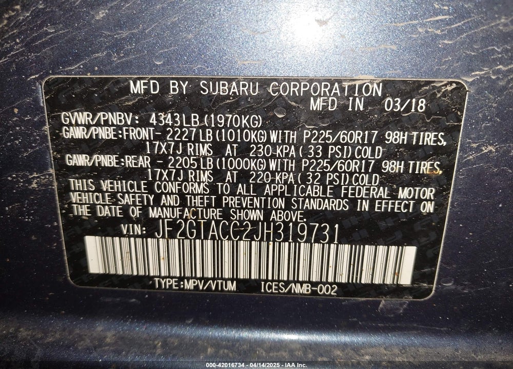 2018 SUBARU CROSSTREK VIN: JF2GTACC2JH319731