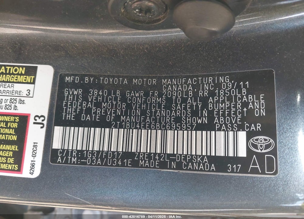 2011 TOYOTA COROLLA S VIN: 2T1BU4EE6BC695957