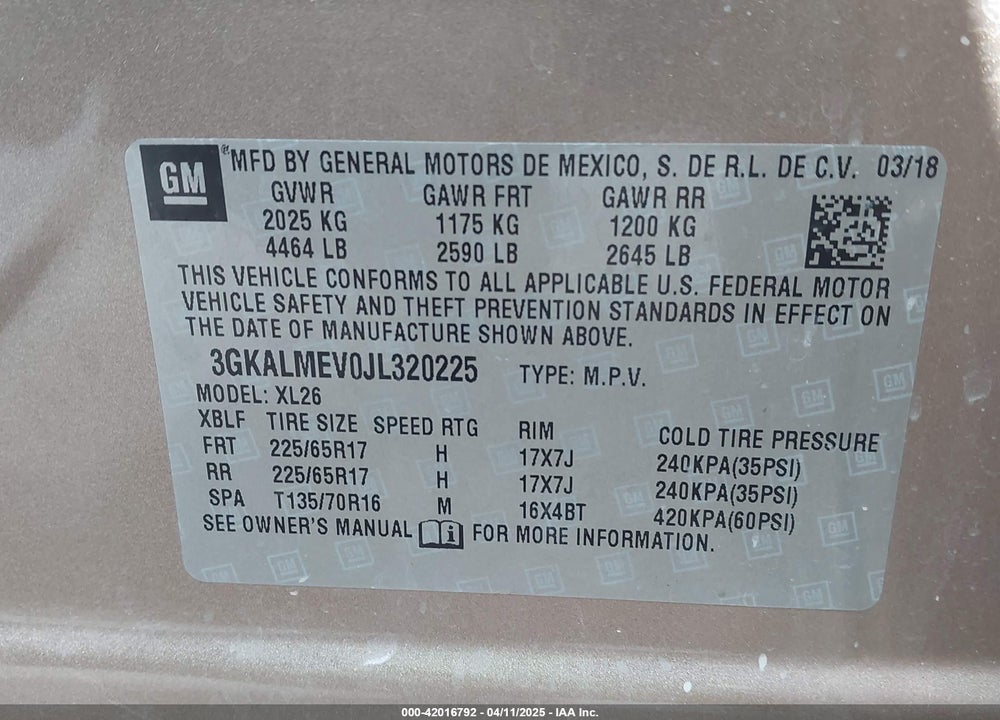 2018 GMC TERRAIN SLE VIN: 3GKALMEV0JL320225