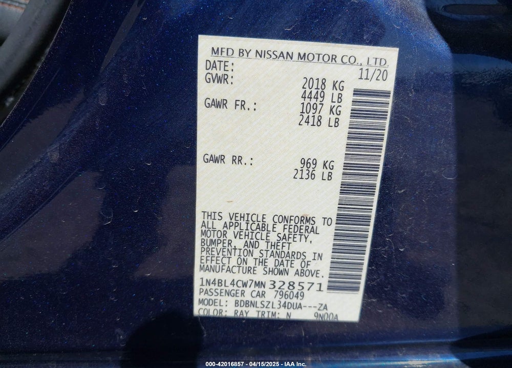 2021 NISSAN ALTIMA VIN: 1N4BL4CW7MN328571