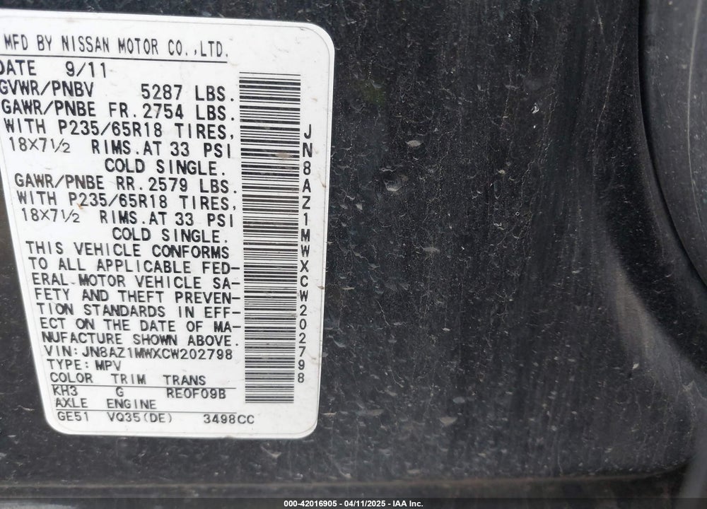 2012 NISSAN MURANO S/SL/LE VIN: JN8AZ1MWXCW202798