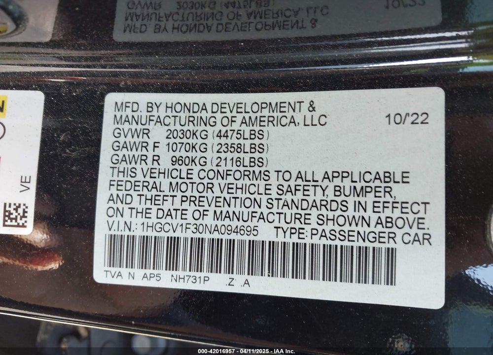 2022 HONDA ACCORD VIN: 1HGCV1F30NA094695