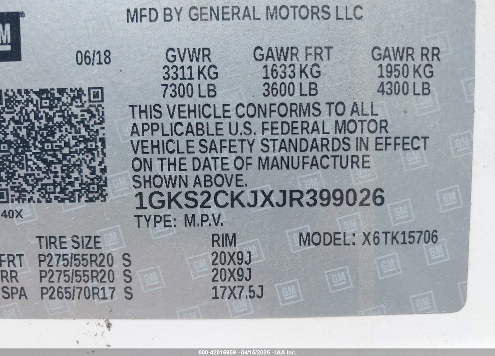 2018 GMC YUKON VIN: 1GKS2CKJXJR399026