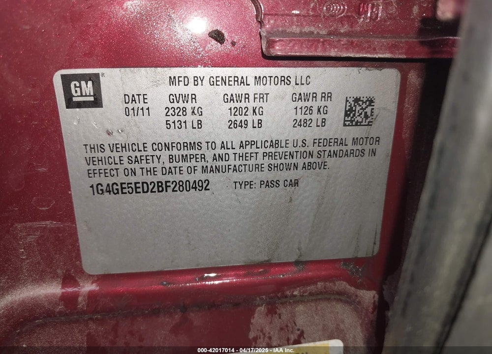 2011 BUICK LACROSSE CXS VIN: 1G4GE5ED2BF280492
