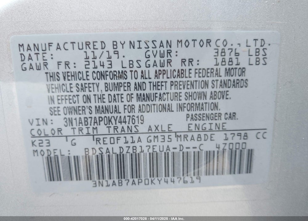 2019 NISSAN SENTRA VIN: 3N1AB7AP0KY447619