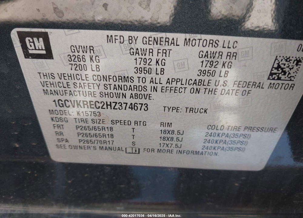 2017 CHEVROLET SILVERADO VIN: 1GCVKREC2HZ374673