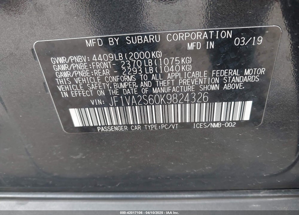 2019 SUBARU WRX STI VIN: JF1VA2S60K9824326