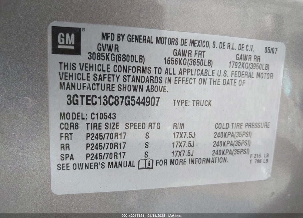 2007 GMC SIERRA 1500 SL VIN: 3GTEC13C87G544907