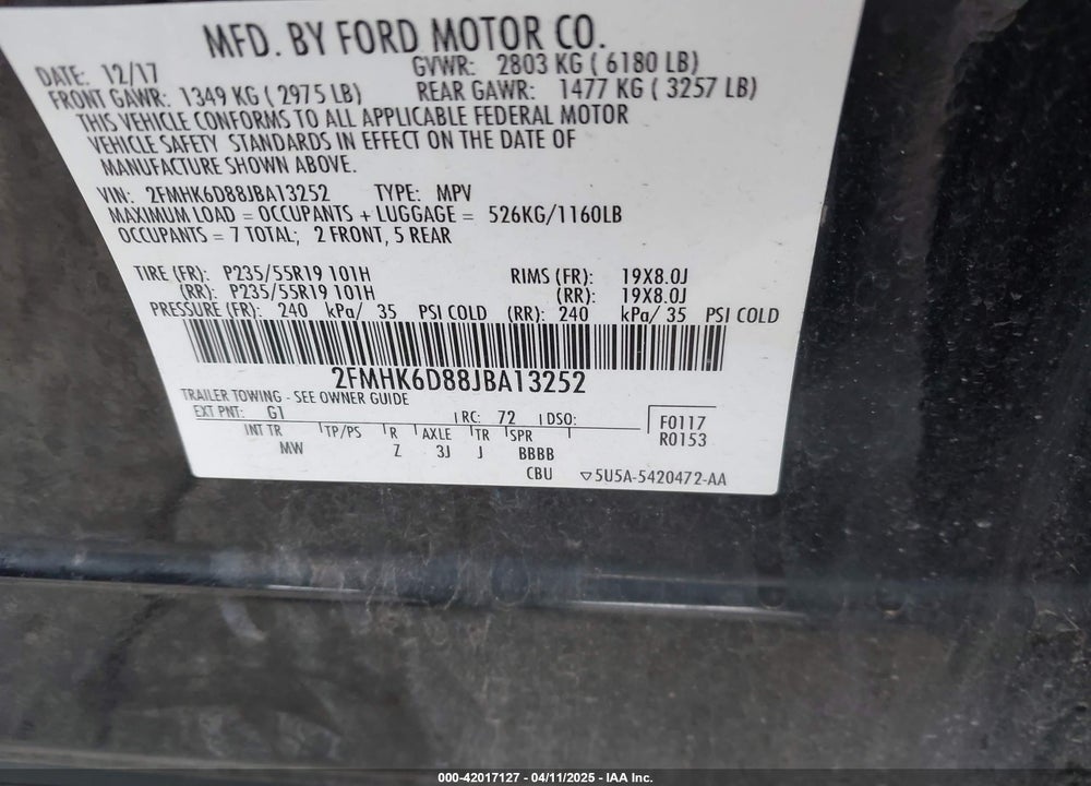 2018 FORD FLEX LIMITED VIN: 2FMHK6D88JBA13252
