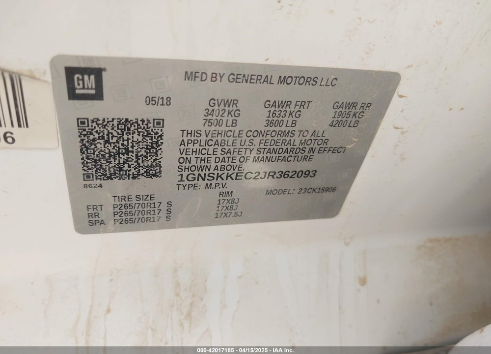 2018 CHEVROLET SUBURBAN VIN: 1GNSKKEC2JR362093