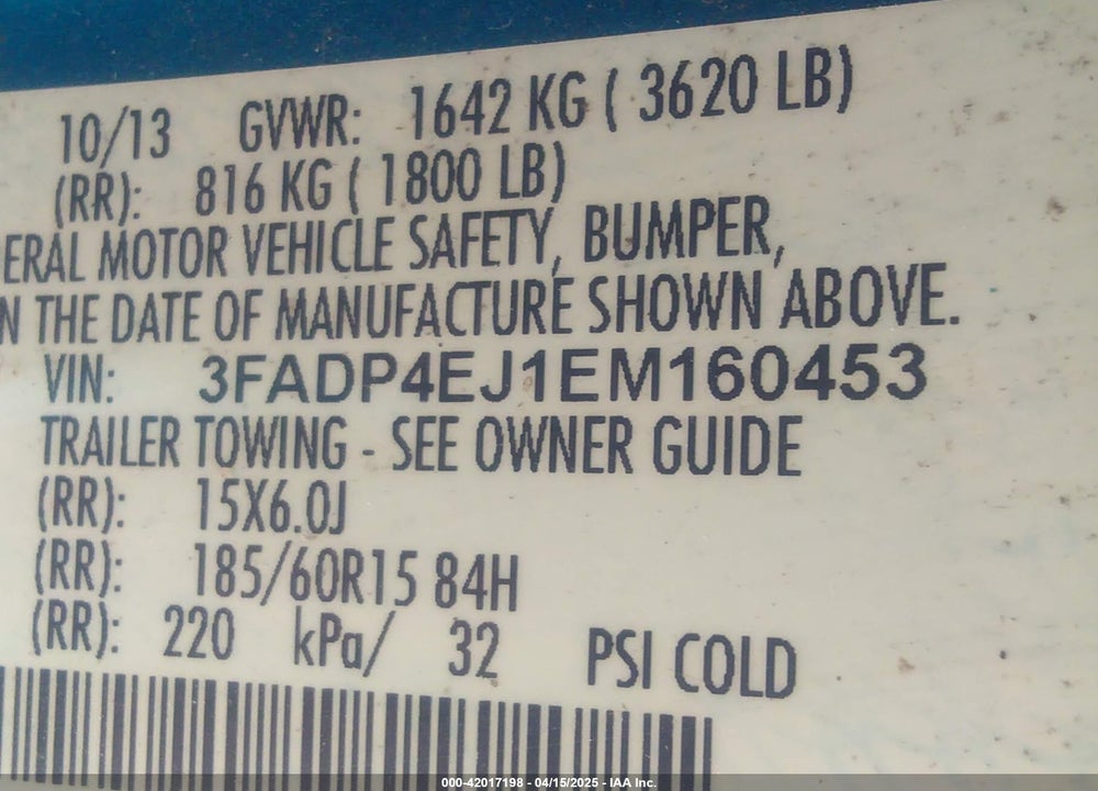 2014 FORD FIESTA VIN: 3FADP4EJ1EM160453