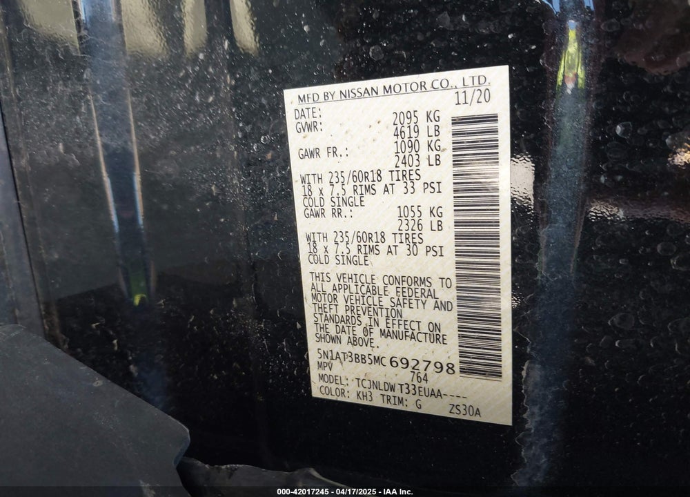 2021 NISSAN ROGUE VIN: 5N1AT3BB5MC692798