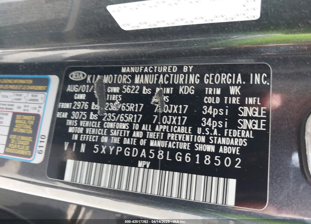2020 KIA SORENTO 3.3L LX VIN: 5XYPGDA58LG618502