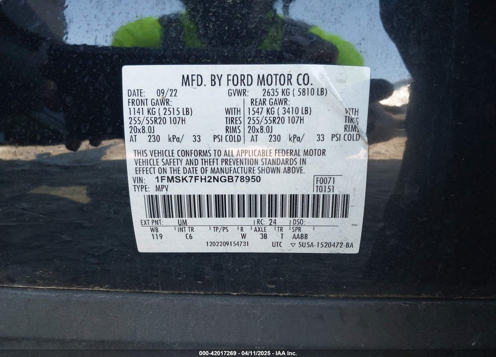 2022 FORD EXPLORER VIN: 1FMSK7FH2NGB78950