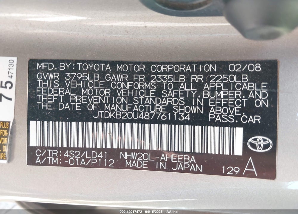 2008 TOYOTA PRIUS VIN: JTDKB20U487761134